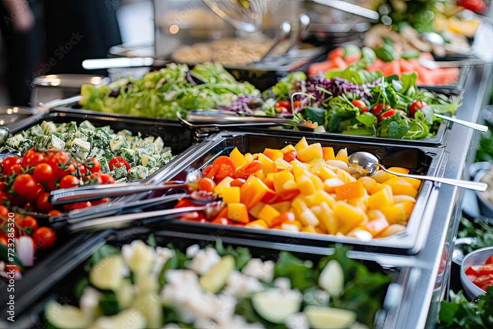 Catering meals prepared for guests at a wedding or hotel dinner. Healthy salads and other vegetables.