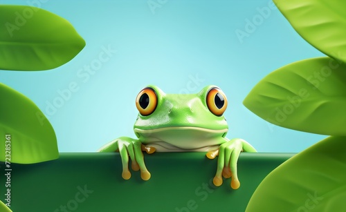 Close-up of a vibrant green frog with expressive eyes generative ai