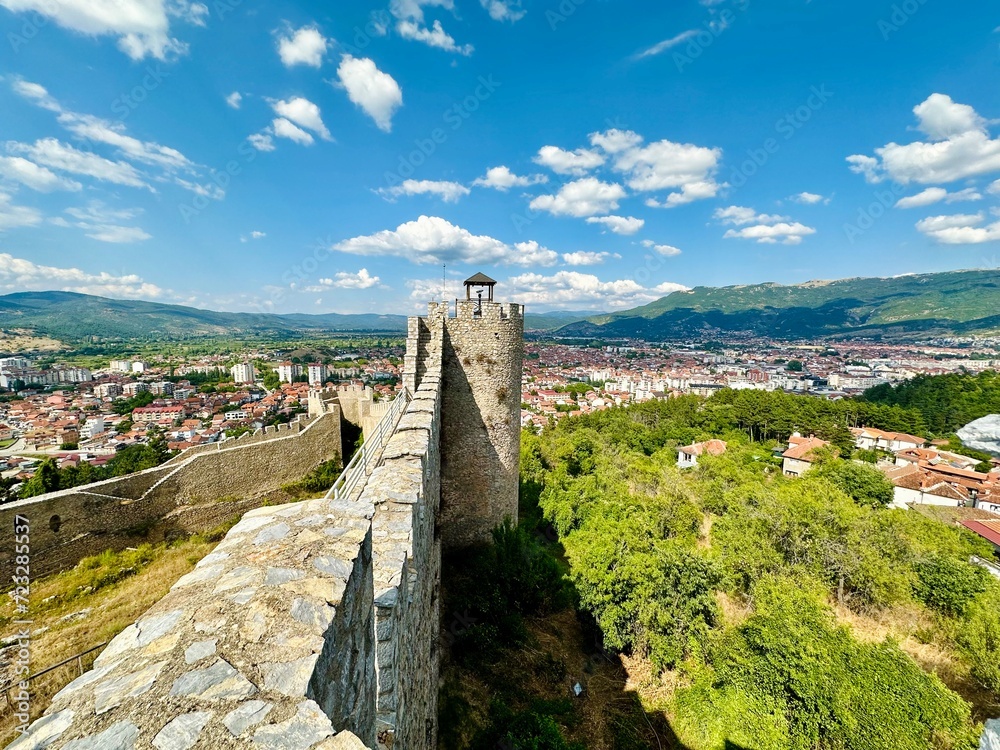 Fototapeta premium North Macedonia. Castle walls, Samuil's Fortress, Unesco World Heritage Site, on Lake Ohrid, Ohrid town. View from watchtower of famous old fortress ruins of tzar Samuel in Ohrid. 