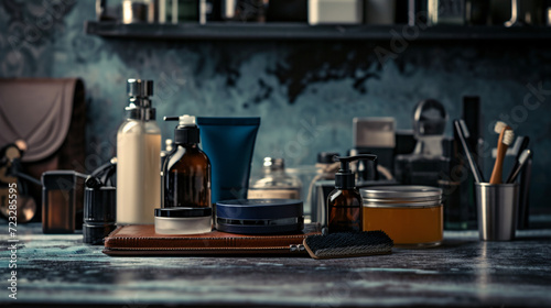 A stylish arrangement of mens grooming products on a classic masculine background.