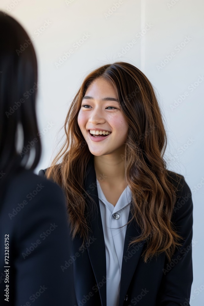 Young Japanese smiling woman in jacket. Business friendly negotiations Young Japanese smiling woman in jacket. Business friendly negotiations