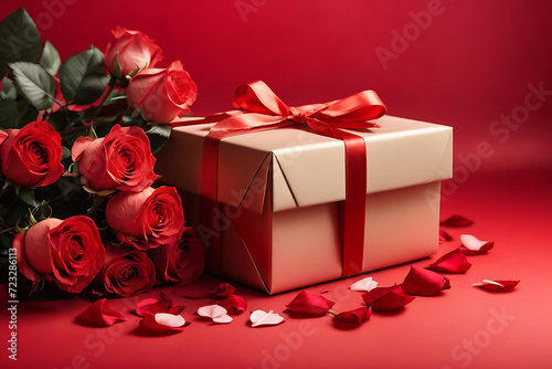 Red roses flowers with a gift box on a nice background