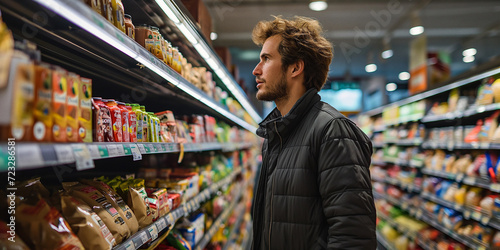 A shopper stands in a bustling convenience store, surrounded by shelves stocked with an array of tempting convenience food options, while also taking in the sights and sounds of a bustling retail sce photo