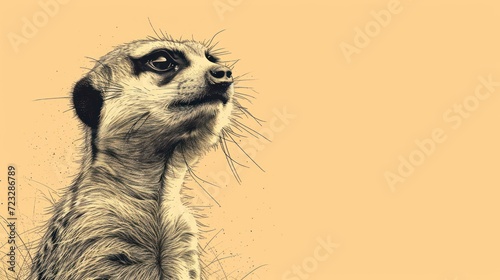  a black and white picture of a meerkat looking up at something in the air with its front paws in the air, with a yellow background of the meerkat is the meerkat.