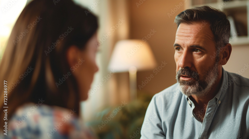 A therapist patiently listening to a client in a serene counseling room. - obrazy, fototapety, plakaty 