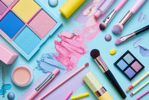 Colorful assortment of makeup products. Decorative cosmetics and makeup brushes. Generative AI