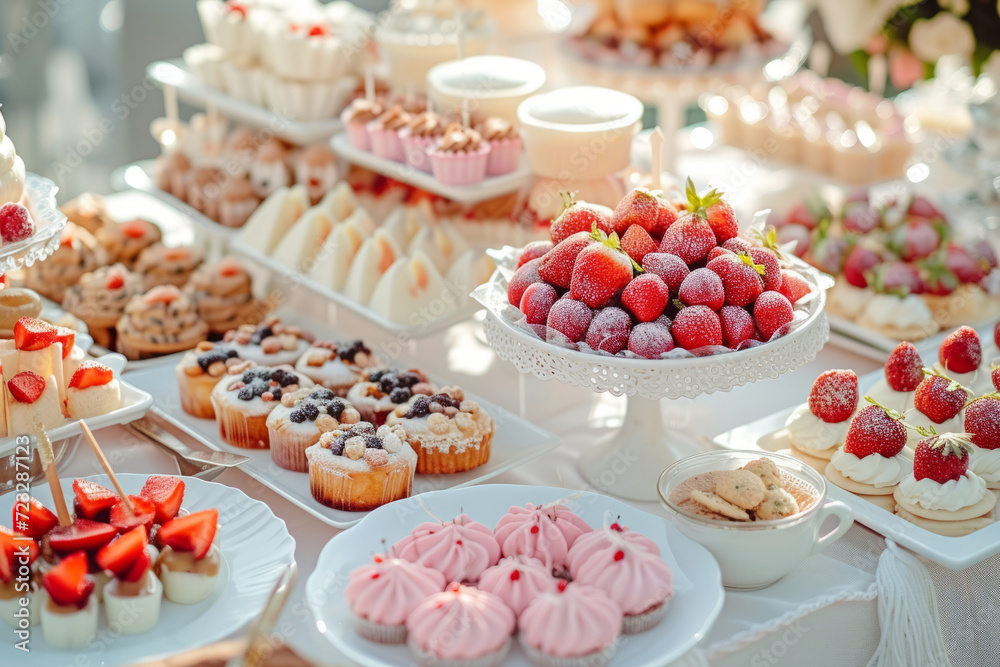 Dessert table with various sorts of snacks. Candy bar. Celebration concept. Generative AI Dessert table with various sorts of snacks. Candy bar. Celebration concept. Generative AI