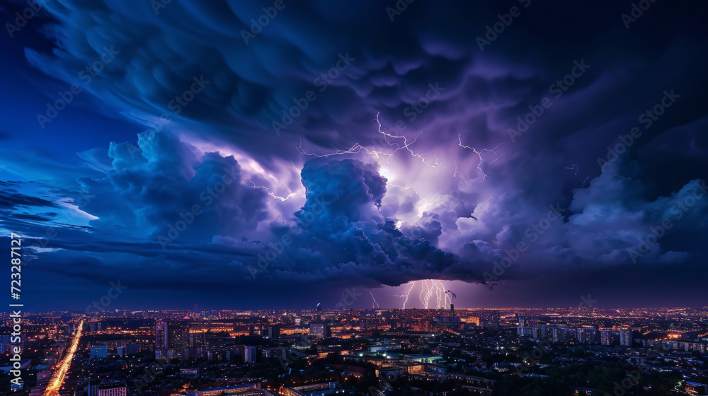 A thunderstorm over a cityscape.