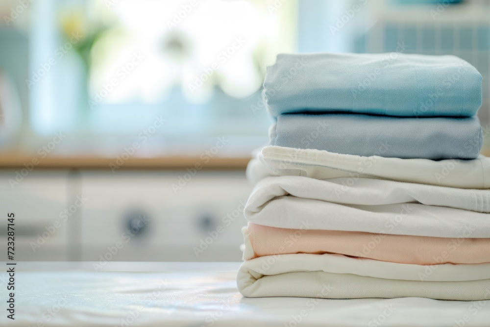 Clean bedding sheets stacked on a blurry laundry room backdrop - obrazy, fototapety, plakaty 
