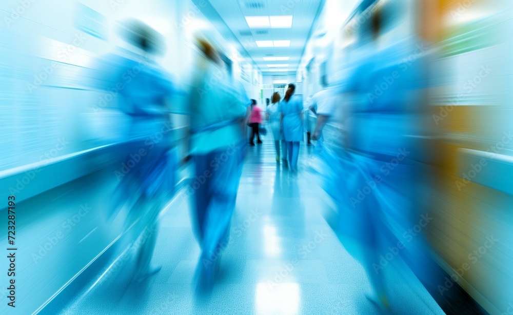 Medical staff in blue suits and walking down the corridor, blurred by the motion, bustle of the hospital