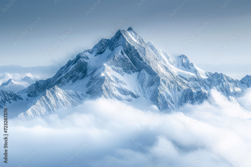 majestic mountain range rises above a sea of clouds, its peaks adorned with intricate patterns of snow and ice