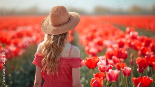 A beautiful girl walks through a field with blooming tulips © olegganko
