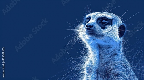 a close - up of a meerkat's face against a dark blue background, with the fur on the back of the meerkat's head. © Nadia