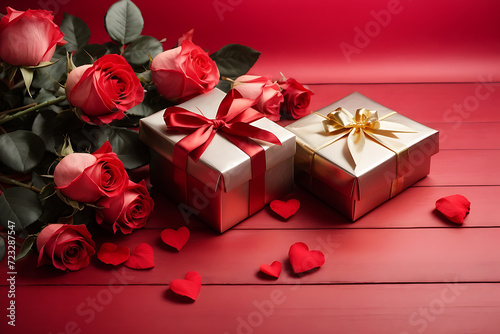 Red roses flowers with a gift box on a nice background © MD