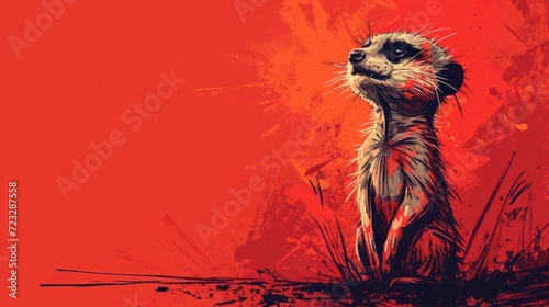  a painting of a meerkat standing on its hind legs in front of a red background with splots of paint on the bottom half of the image. photo