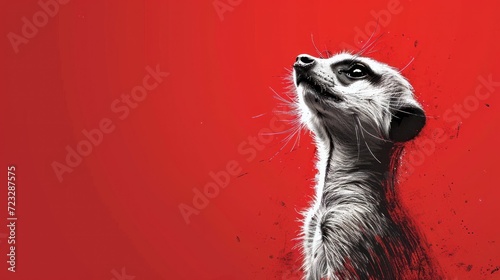  a picture of a meerkat looking up into the sky on a red background with black and white paint splatters on the upper half of its face.
