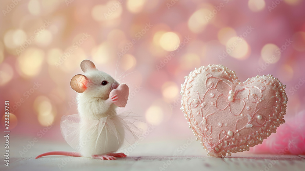 Small white mouse with cute petticoat, tulle tutu kissing small felted, knitted pink heart decorated with some sequins on its heart. Mouse looking at another heart as big as itself. Small white mouse with cute petticoat, tulle tutu kissing small felted, knitted pink heart decorated with some sequins on its heart. Mouse looking at another heart as big as itself.