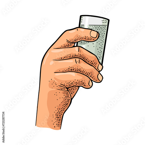 Male hand holding glass vodka. Vintage color vector engraving illustration