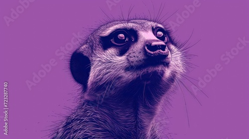  a close - up of a meerkat's face with its eyes wide open in front of a purple background with the image of a meerkat.