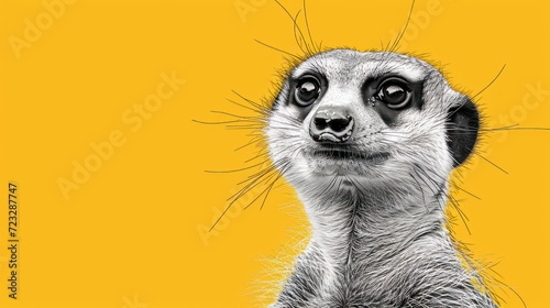  a close up of a meerkat's face on a yellow background with the meerkat's eyes wide open and the meerkat is looking straight ahead. © Nadia