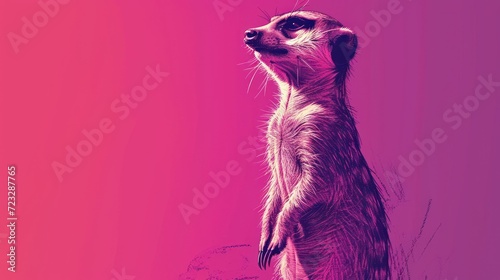  a drawing of a meerkat standing on its hind legs with its front paws on its hind legs, looking up at the sky, with a pink background.