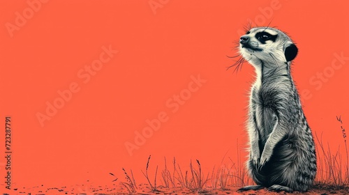  a drawing of a meerkat standing on its hind legs in front of a red background with the meerkat's head looking up to the sky.