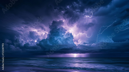 A thunderstorm over the ocean with dramatic lightning and dark clouds.