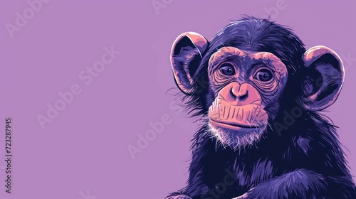  a close up of a monkey on a purple background with a blurry image of the face of a chimpanze on it's left and right side. © Nadia