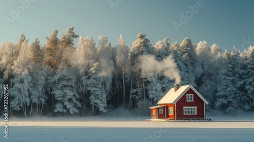 A bright burgundy wooden house stands alone in the middle of a large winter f...