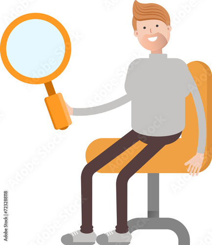 Male Character Sitting and Holding Magnifier 