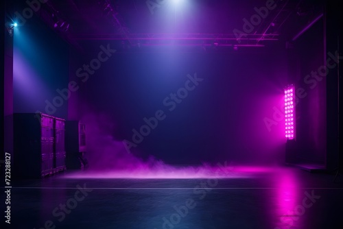The dark stage shows  empty dark blue  purple  pink background  neon light  spotlights  The asphalt floor and studio room with smoke float up the interior texture for display products  