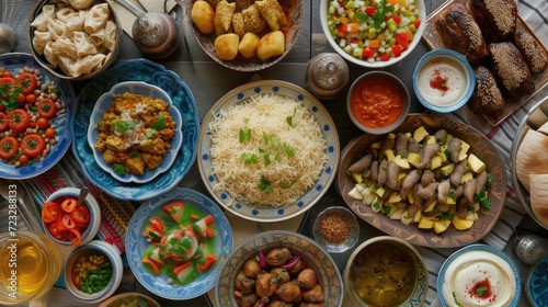 Traditional Ramadan Feast Spread on a Table Featuring Diverse Dishes to Break the Fast