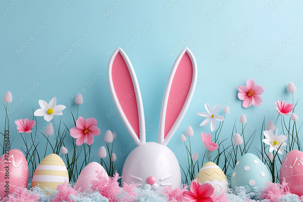 3D Easter greeting card with bunny ears and flowers on background.
