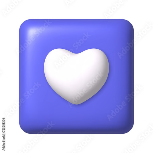 White heart icon on purple square button. 3D vector illustration.