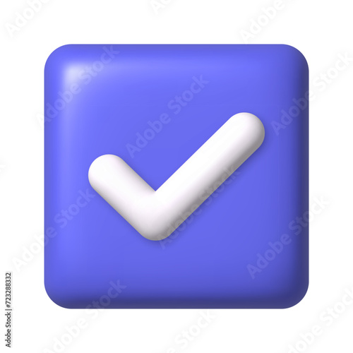 Check mark icon on purple square button. 3D vector illustration.