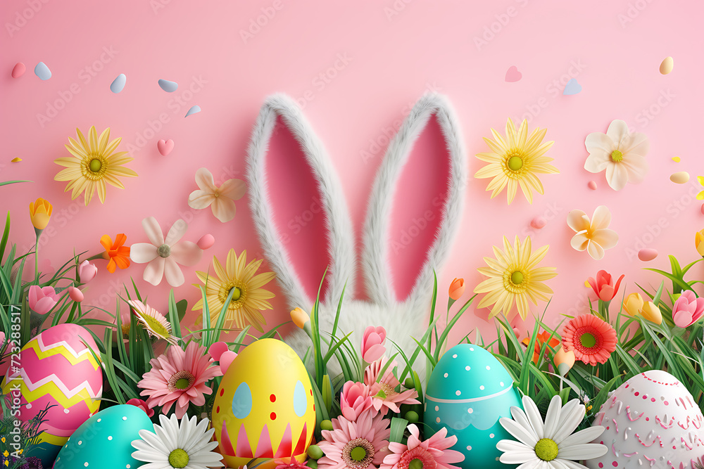 3D Easter greeting card with bunny ears and flowers on background. 3D Easter greeting card with bunny ears and flowers on background.