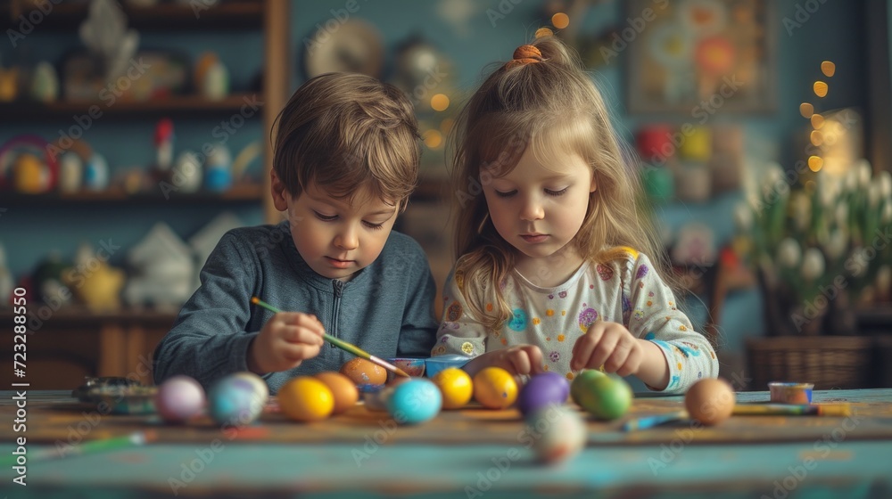 A boy and an eight-year-old girl paint eggs for Easter A boy and an eight-year-old girl paint eggs for Easter