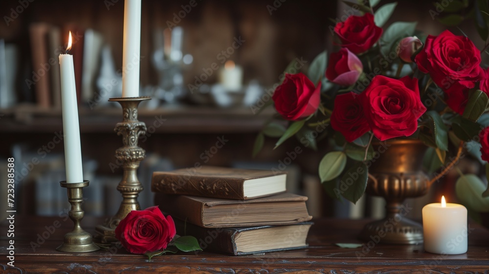 Design an intimate Valentine's Day setting with a mix of vintage books, antique candle holders, and red roses