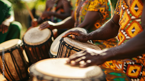 A traditional African drum circle with various percussion instruments captured in an outdoor cultural setting.