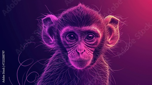  a close up of a monkey s face on a purple and pink background  with a blurry image of the monkey s face in the foreground.