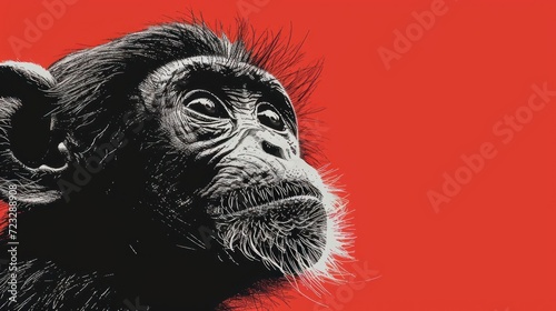  a close up of a monkey's face on a red background with a black and white drawing of a monkey's head on it's left side.