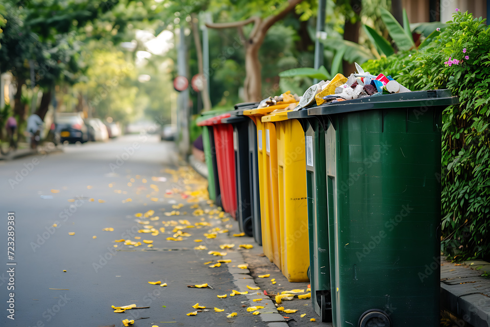 Garbage containers full of trash. Plastic rubbish bin. Garbage containers full of trash. Plastic rubbish bin.