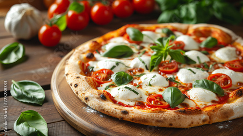 A traditional Italian pizza with melting mozzarella ripe tomatoes and fresh basil leaves.