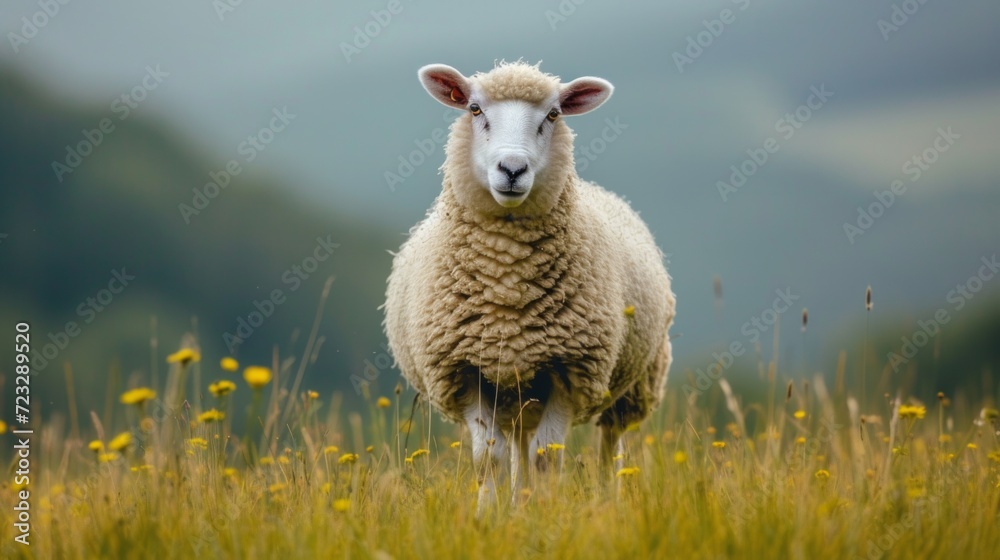 A beautiful big fat sheep stands and looks at the camera A beautiful big fat sheep stands and looks at the camera