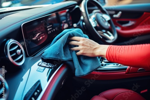 Cleaning the insides of a contemporary car with a microfiber cloth © The Big L