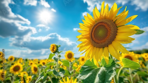 Sunflower field blooming against the sky