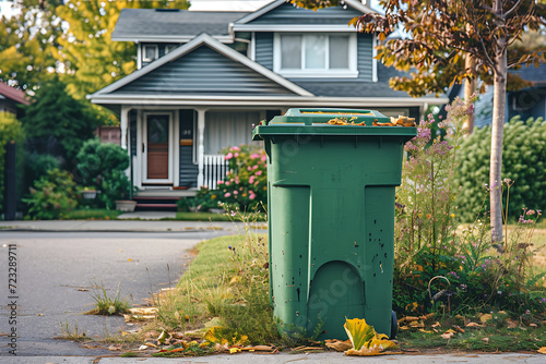 Green garbage bin in front of the house. 