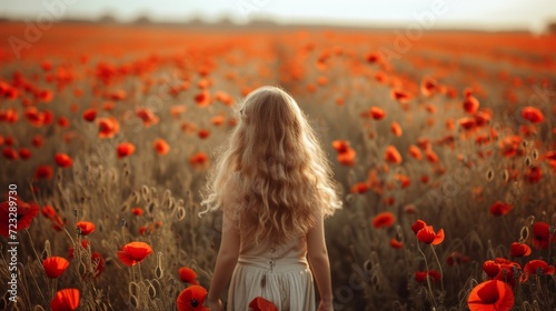 A beautiful girl walks through a field with blooming tulips