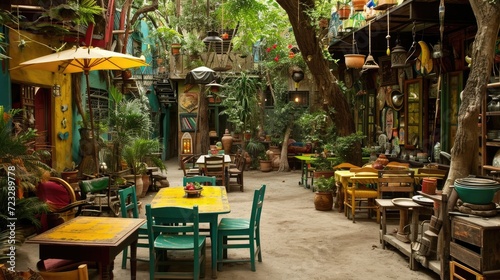 A charming courtyard café full of character, featuring eclectic furniture and artistic decor, nestled within a vibrant garden setting.