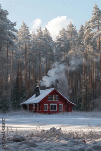 A bright burgundy wooden house stands alone in the middle of a large winter f...